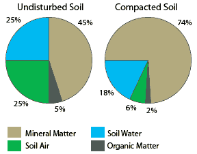 Percentages of composition between undisturbed soil and compacted soil. Compacted soil has 74% mineral matter as compared to 45% in undisturbed soil.